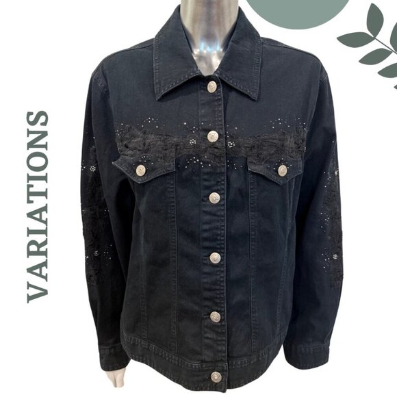 Variations Black Denim Jacket with Lace & Rhinestone Detail Size Medium - Picture 1 of 7